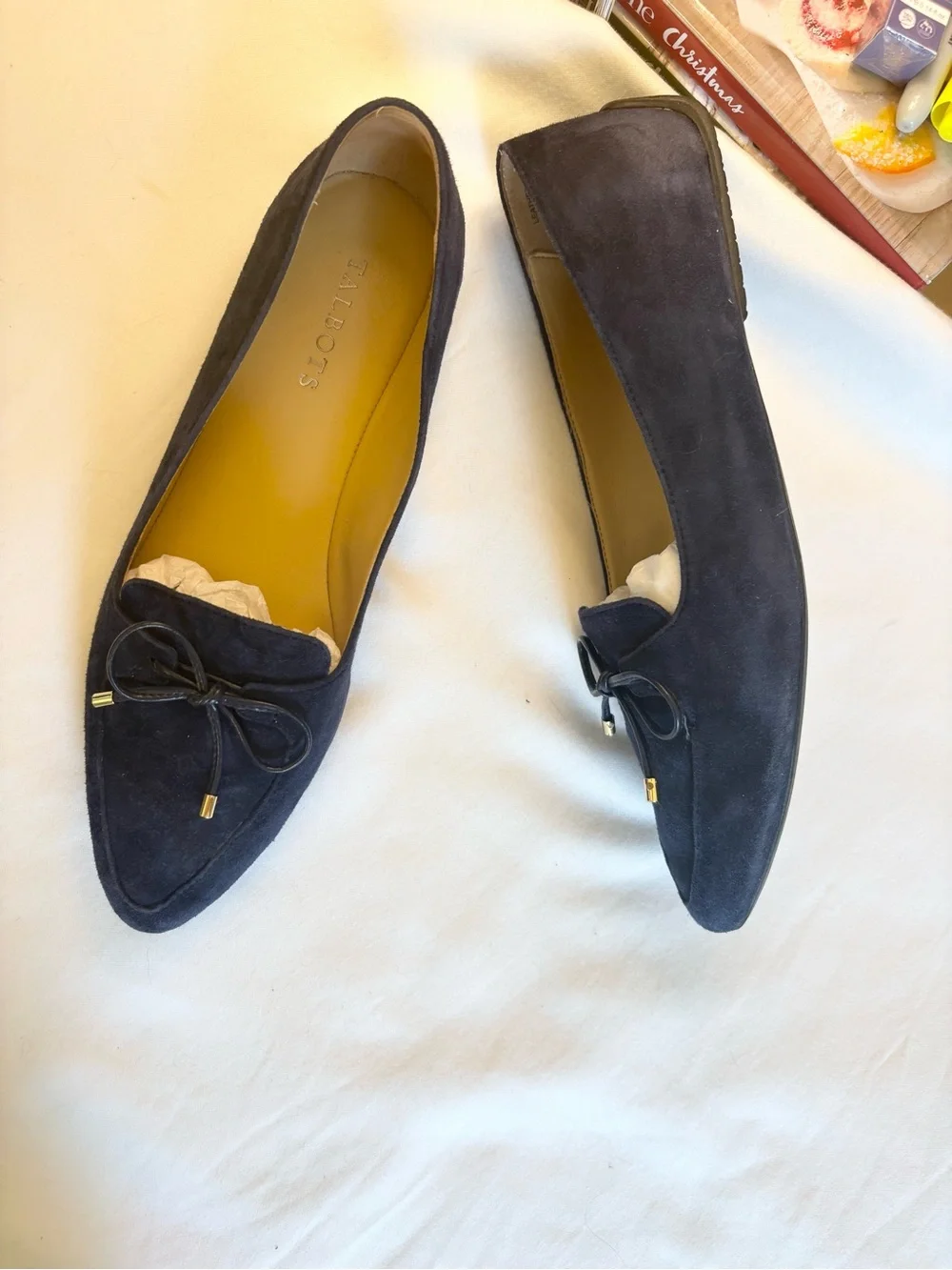 Talbots Navy Suede Pointed-Toe Loafers with Bow Accents